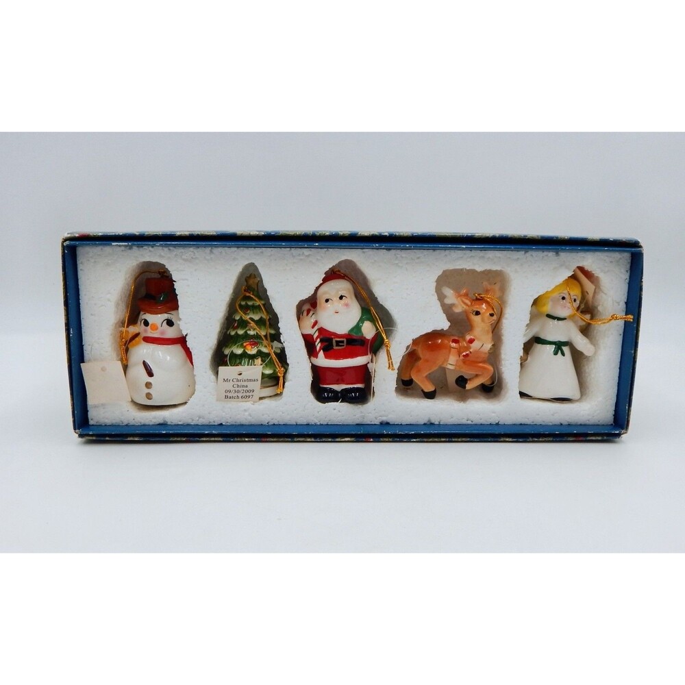 Mr Christmas Porcelain Ornaments Boxed 2009 S/5 Santa Reindeer Angel Tree Snowma